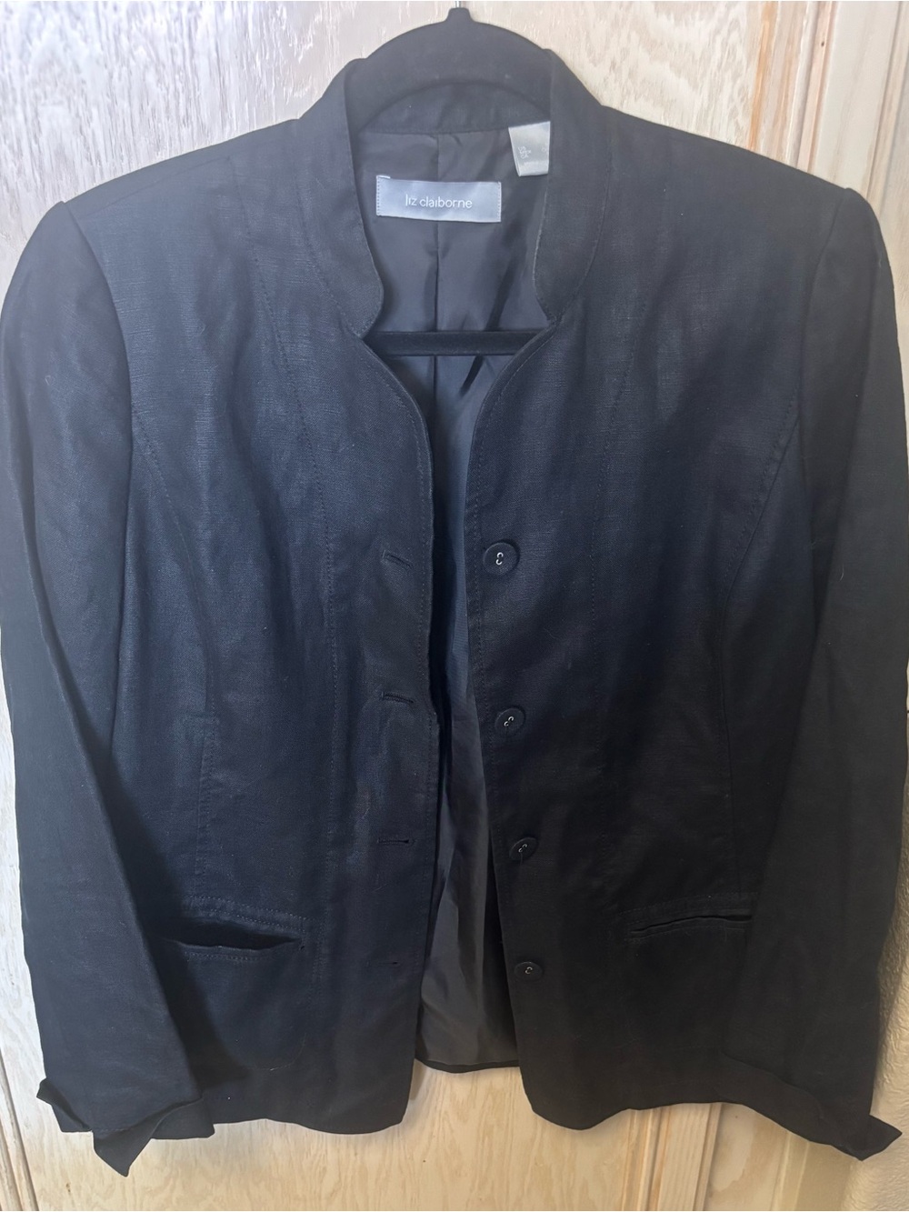 Women’s 100%‎ Linen Blazer Liz Claiborne Black Minimalist Jacket Size Small